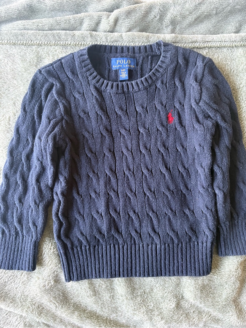 Polo by Ralph Lauren Navy Cable Crewneck with Red Pony Embroidery